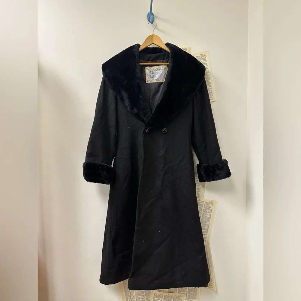 La Renaissance Long Wool Coat with Faux Fur Trim - Picture 1 of 2